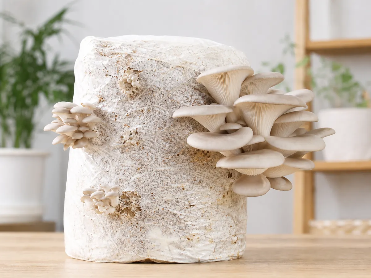 Pale oyster mushrooms forming overlapping shelves on a hardwood log