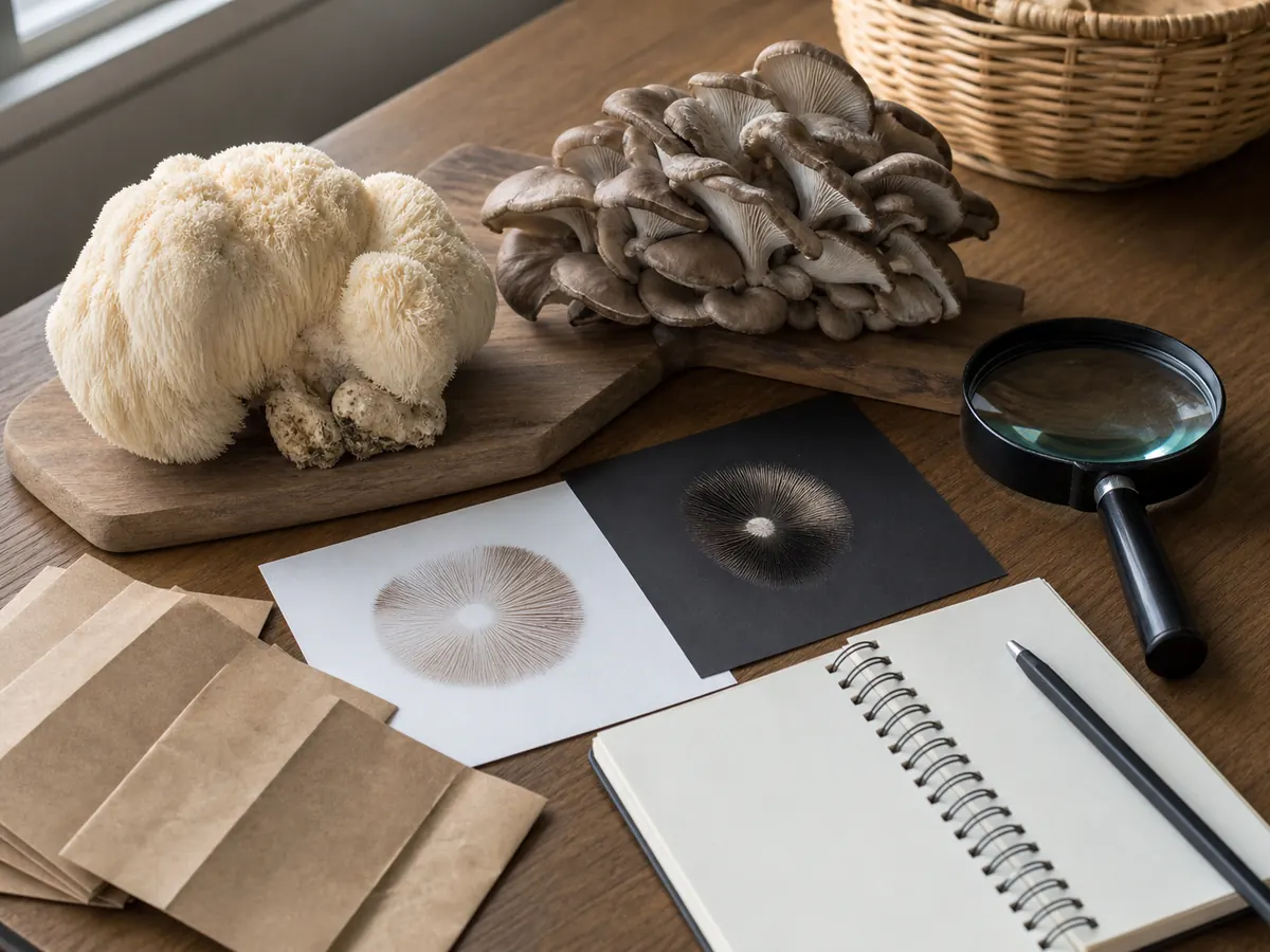 Known lion's mane and oyster mushrooms beside spore-print paper, a hand lens, and field notes