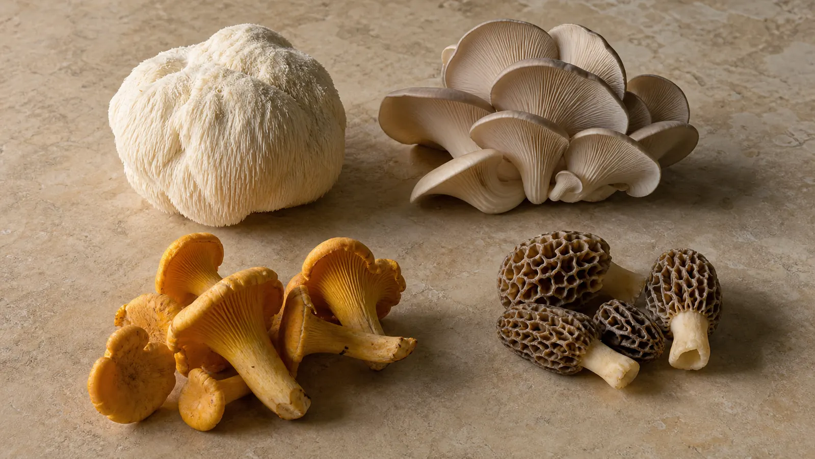 Four beginner mushroom study groups arranged from lion?s mane to morels
