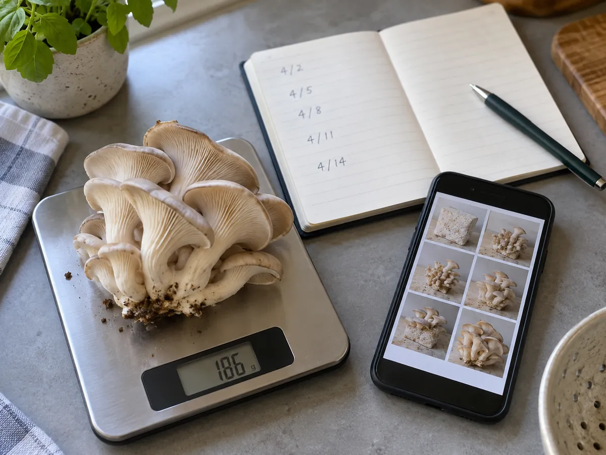 Notebook, dated phone photographs, and a kitchen scale beside a harvested oyster mushroom cluster