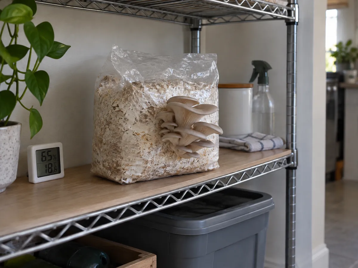Oyster mushroom block fruiting on an open shelf away from direct heat and window sun