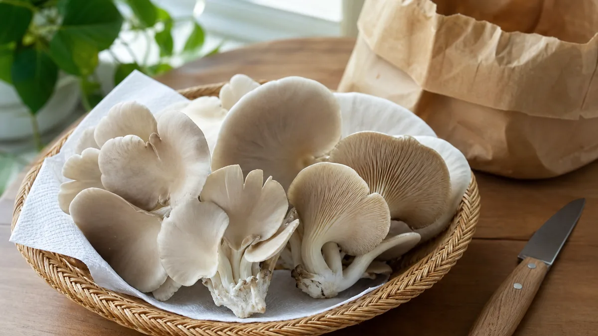 Fresh home-grown oyster mushrooms harvested into a basket - best mushrooms to grow at home