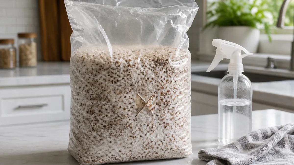 Ready-to-fruit mushroom block on a kitchen counter - best mushrooms to grow at home