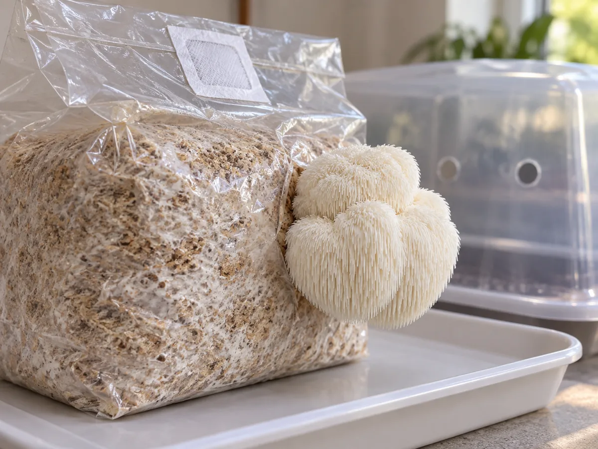 Lion's mane growing through a small slit in a clear bag around a hardwood block