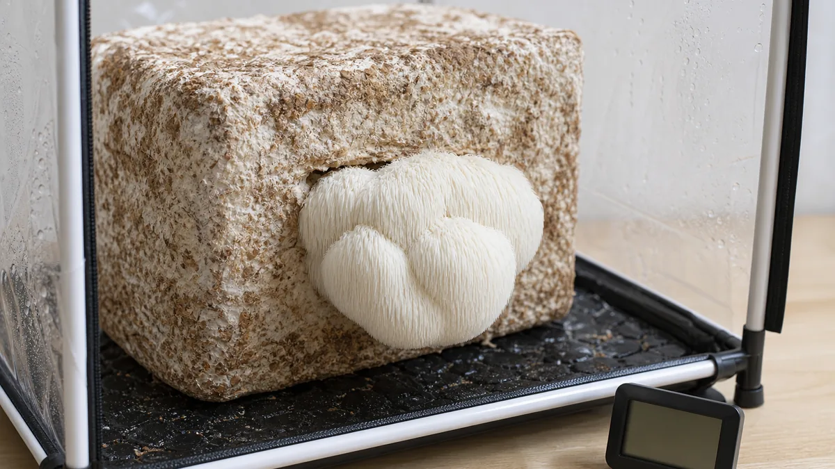Lion's mane mushroom fruiting from a hardwood sawdust block - best mushrooms to grow at home