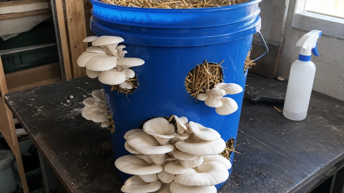Oyster mushrooms fruiting from holes in a straw bucket - best mushrooms to grow at home