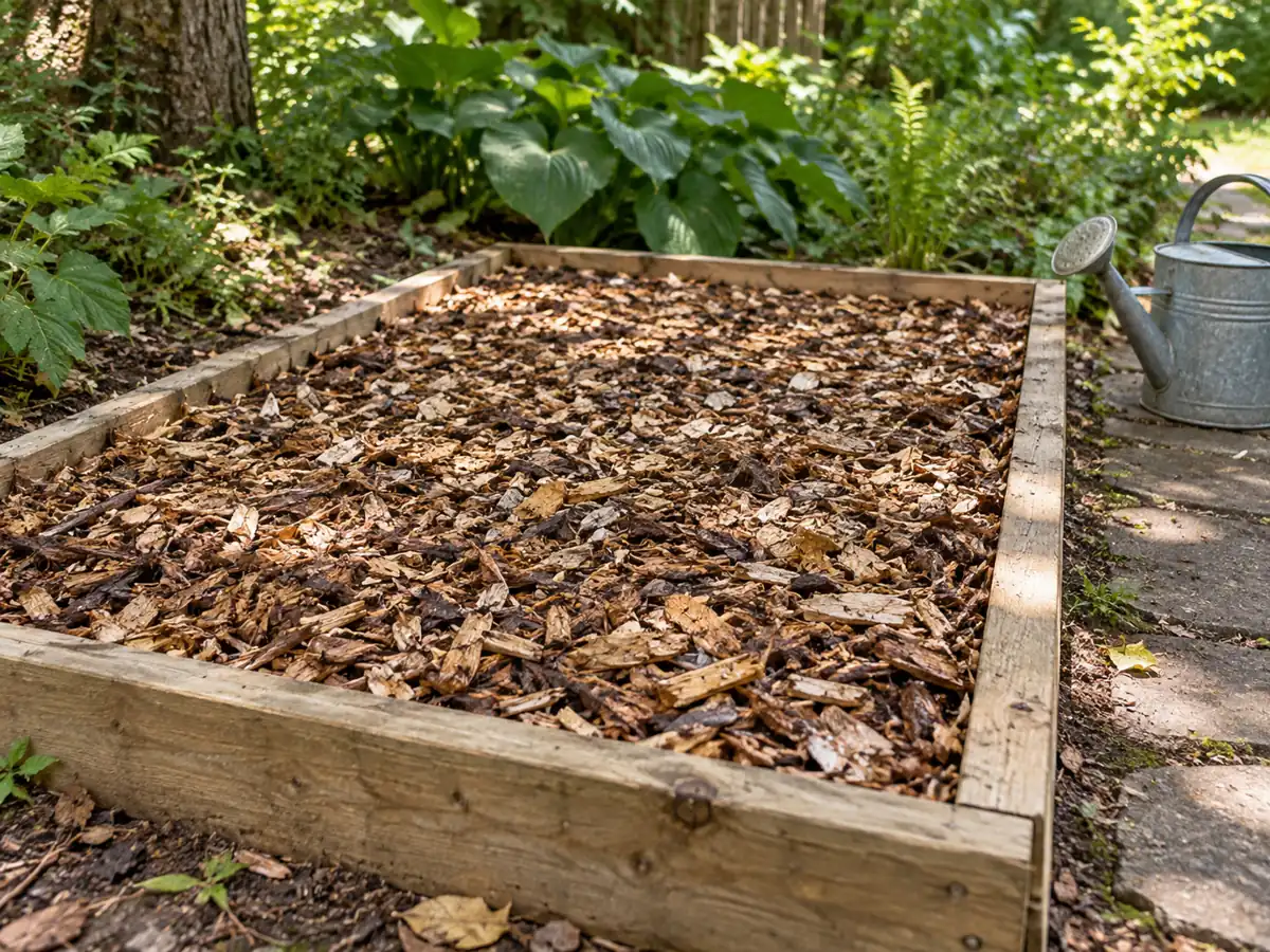 Hardwood-chip bed in partial garden shade with a watering can beside it