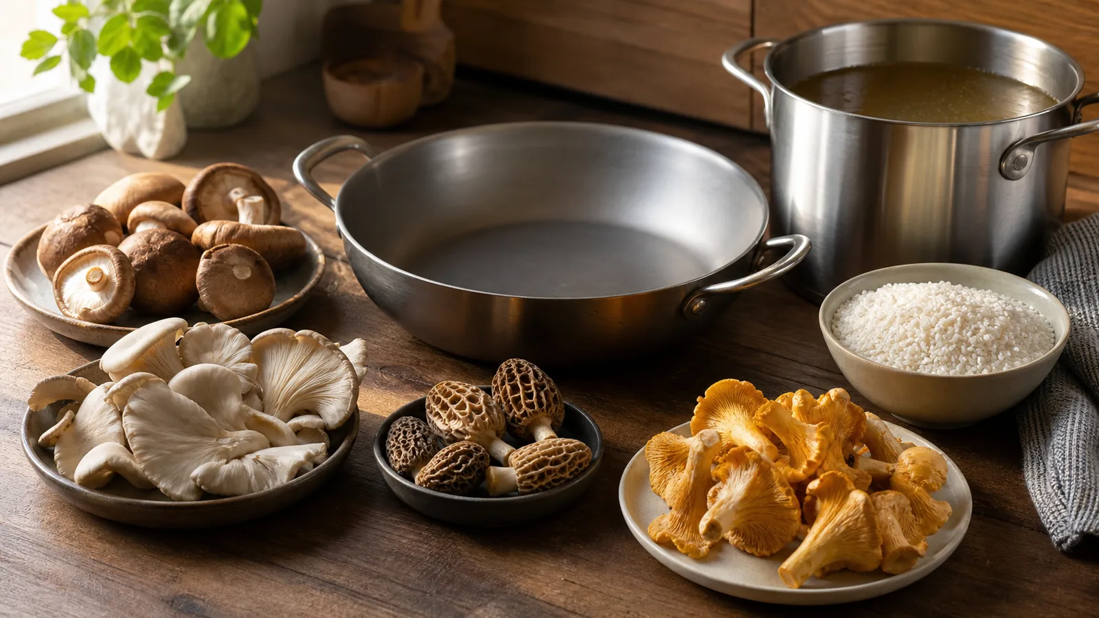 Risotto rice with shiitake, oyster, morel, and chanterelle mushrooms ready to cook - best mushrooms for risotto | KnowTheSpore