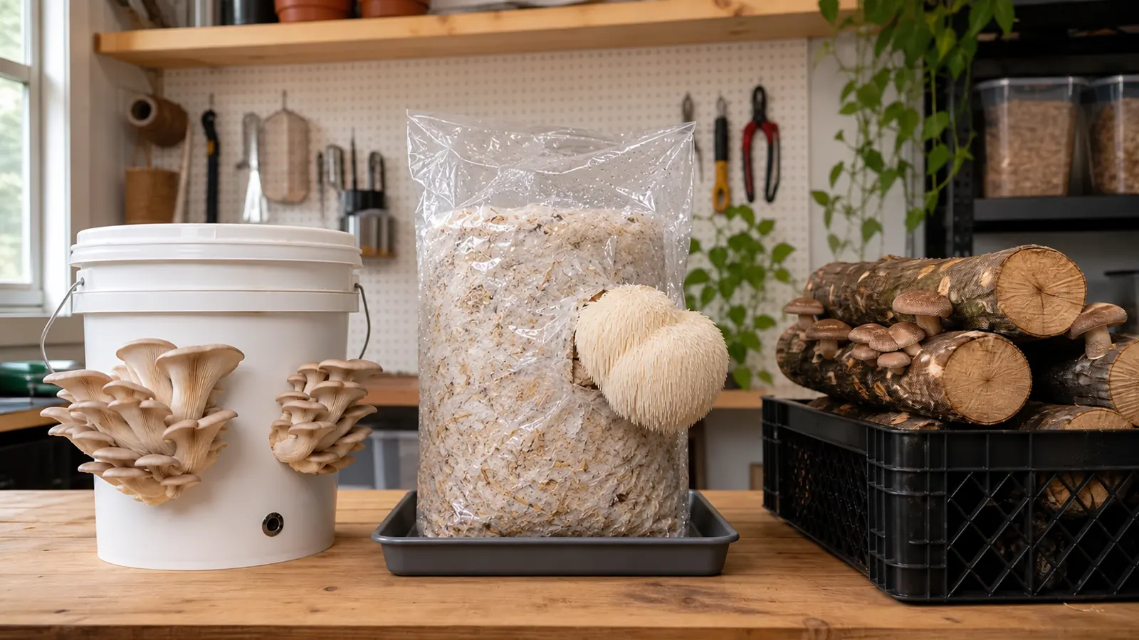 Illustrative arrangement of an oyster bucket, lion's mane block and shiitake logs for home growing