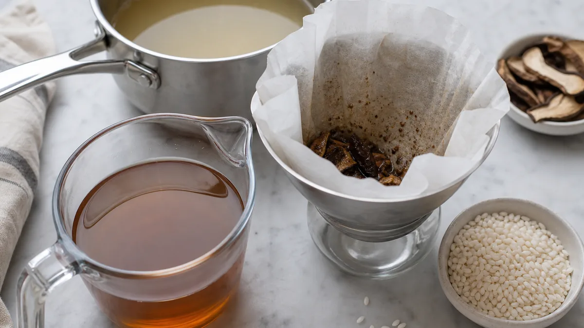 Strained dried mushroom soaking liquid ready for risotto stock - best mushrooms for risotto