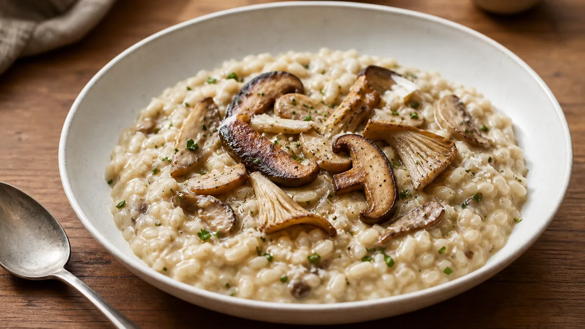 Finished mushroom risotto with browned mushroom pieces on top - best mushrooms for risotto