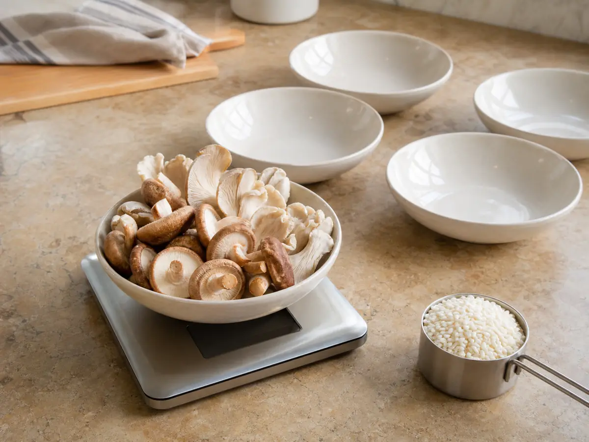 Fresh shiitake and oyster mushrooms on a kitchen scale beside rice and four empty serving bowls - best mushrooms for risotto
