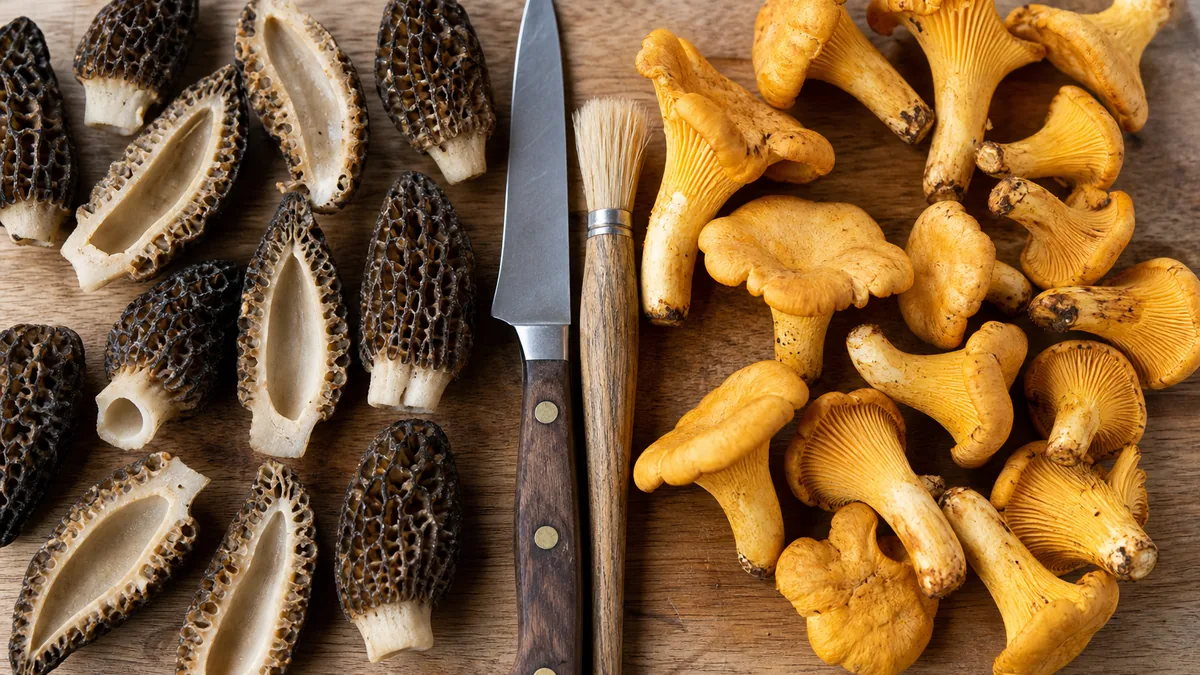 Morels and chanterelles cleaned for seasonal mushroom risotto - best mushrooms for risotto