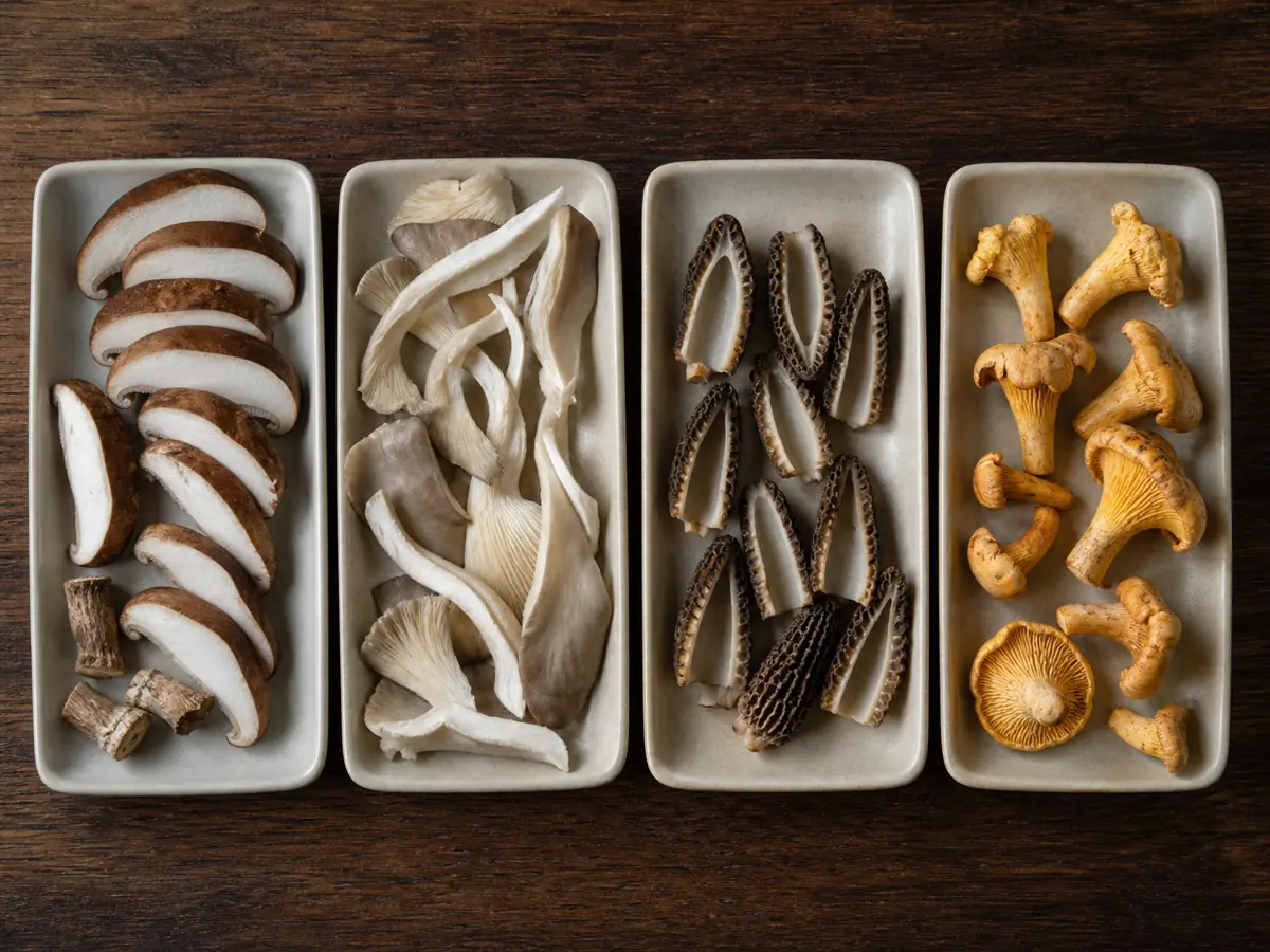 Four trays showing sliced shiitake, torn oyster mushrooms, hollow morel halves, and split chanterelles before risotto cooking - best mushrooms for risotto