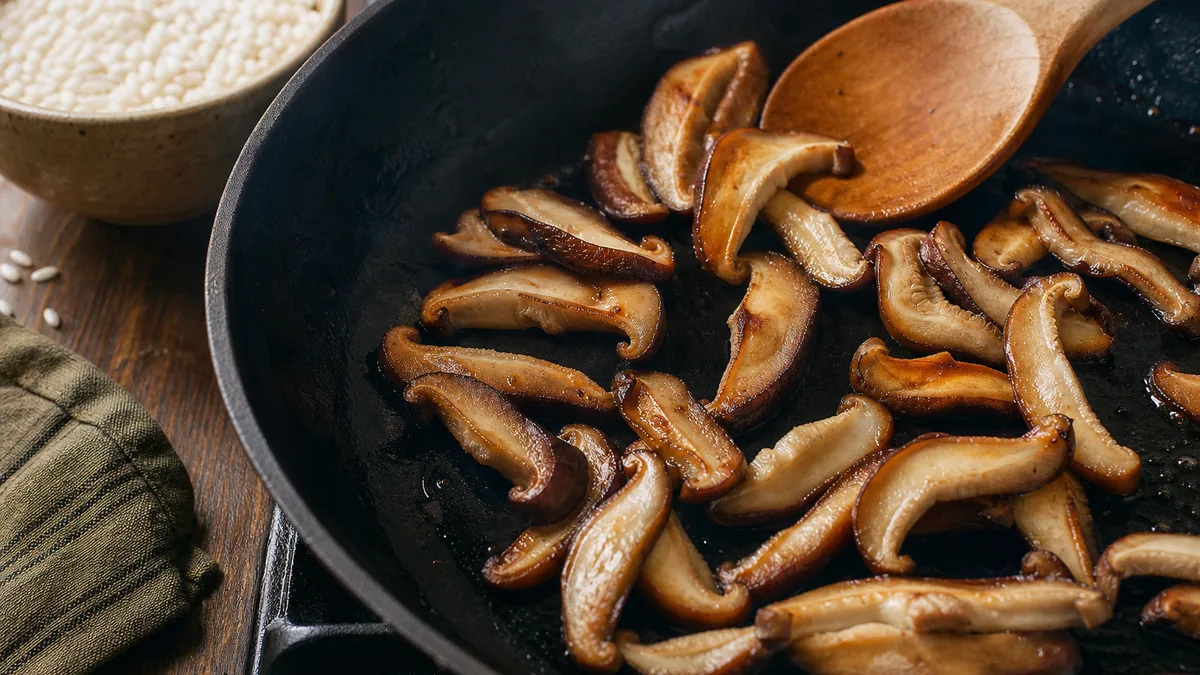 Sliced shiitake browning in a skillet before risotto is finished - best mushrooms for risotto