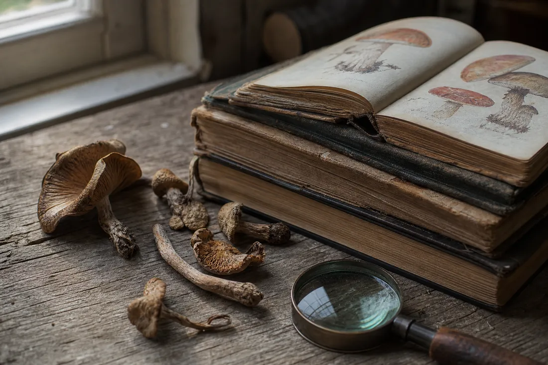 Mushroom field guides, dried specimens, and a hand lens on a table