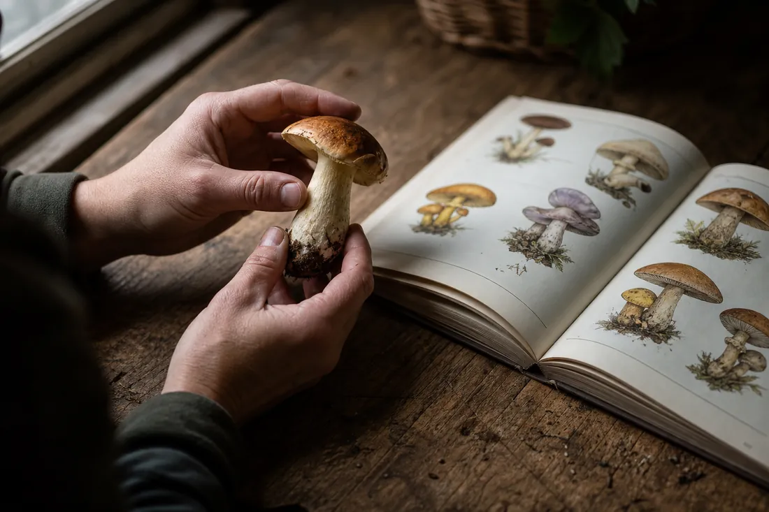 Hands holding a wild mushroom beside an open illustrated field guide