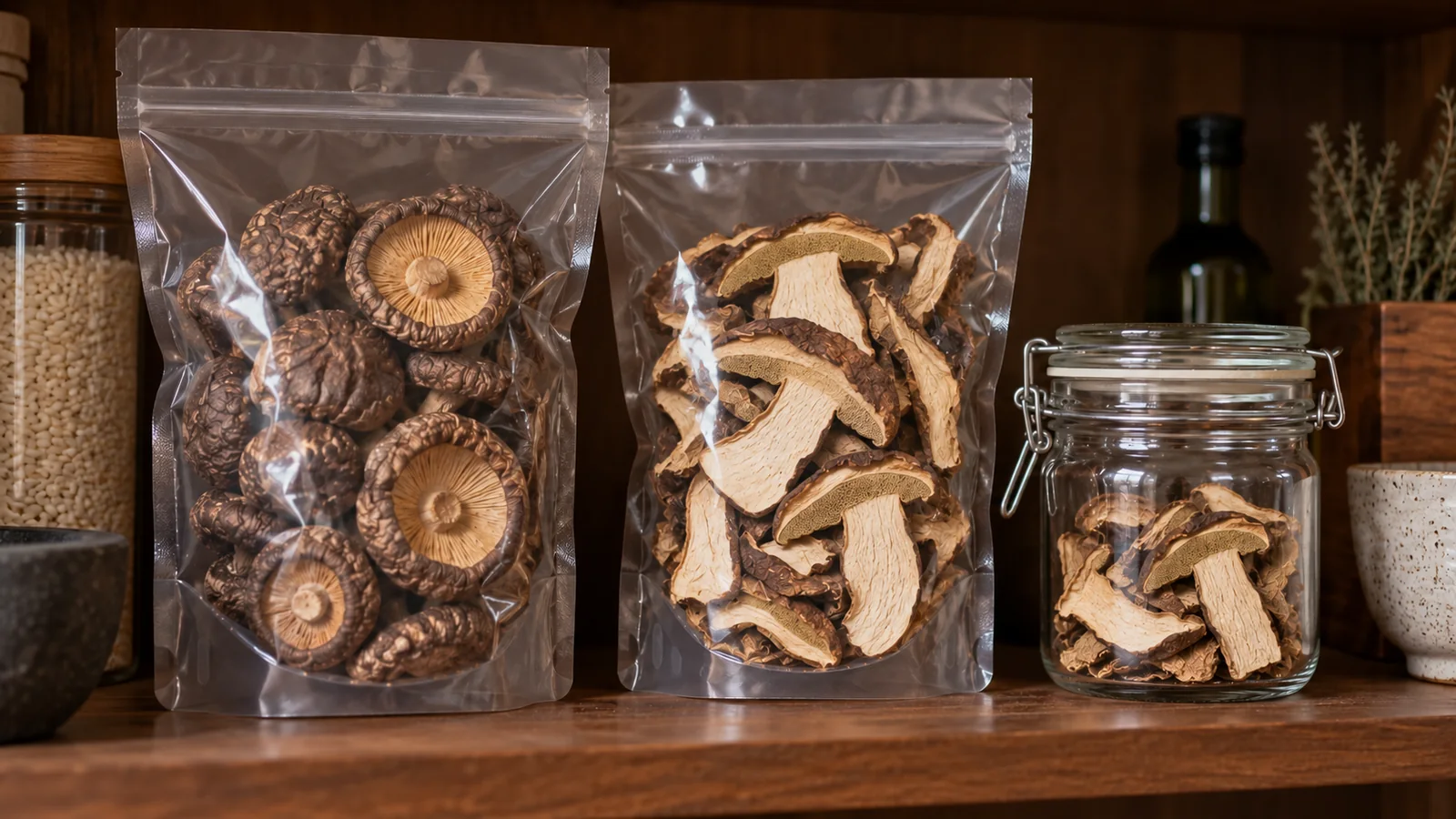Sealed bags of dried mushroom caps and slices in a home pantry