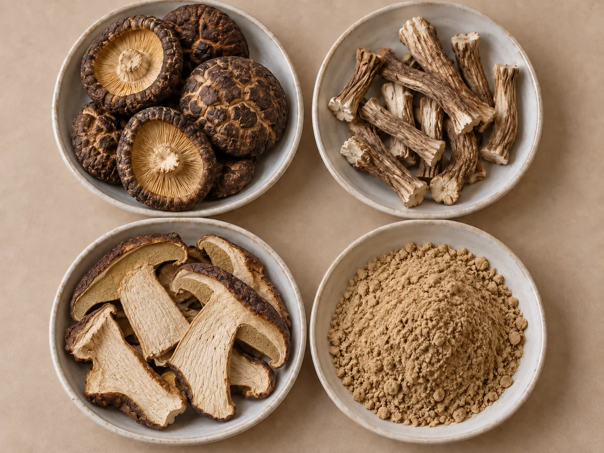 Dried shiitake caps, separated stems, porcini slices and mushroom powder in four small dishes