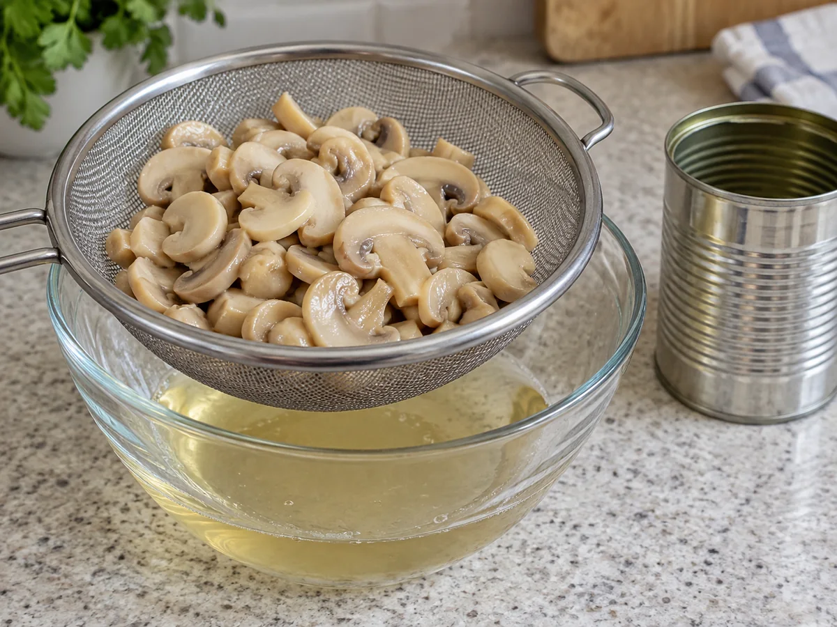 Canned mushroom slices in a mesh strainer above a bowl of packing liquid