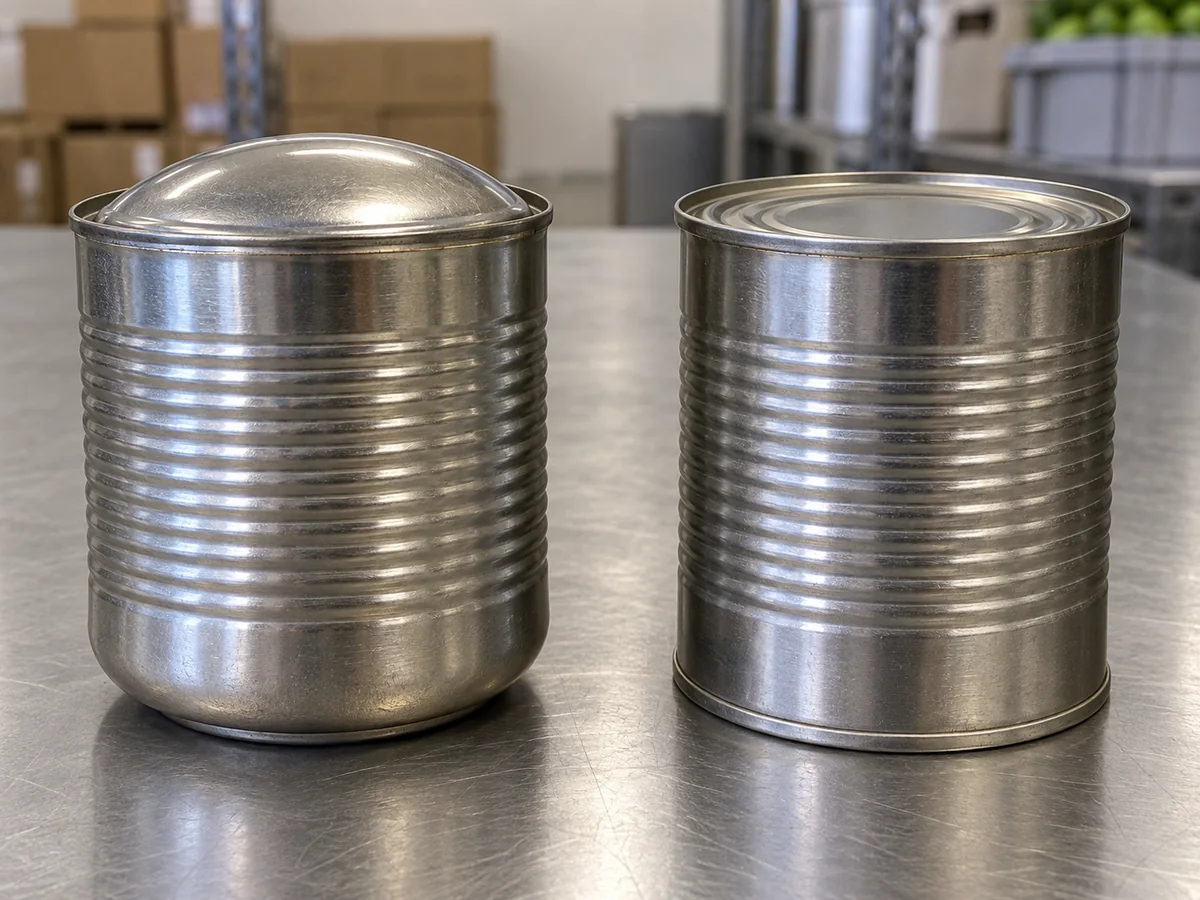 An unopened can with a bulging lid beside an intact flat-lidded can