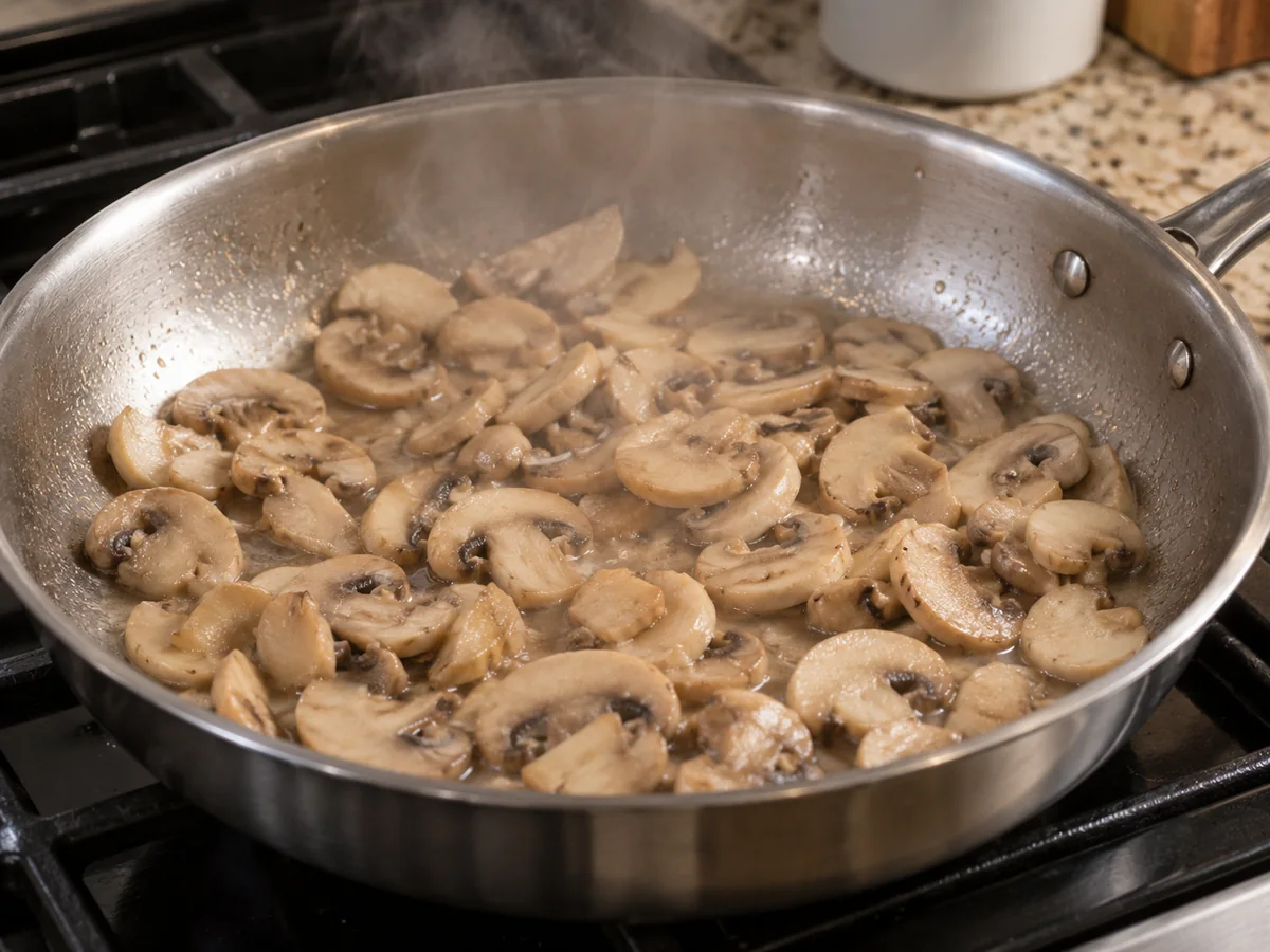 Pale canned mushroom slices releasing steam in a skillet