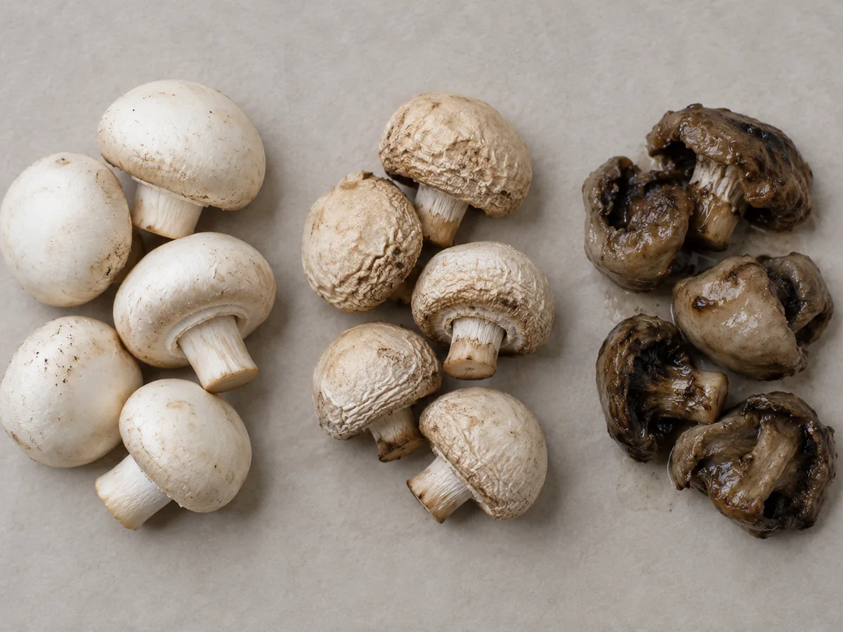 Plump, shriveled and wet collapsed button mushrooms arranged in separate groups