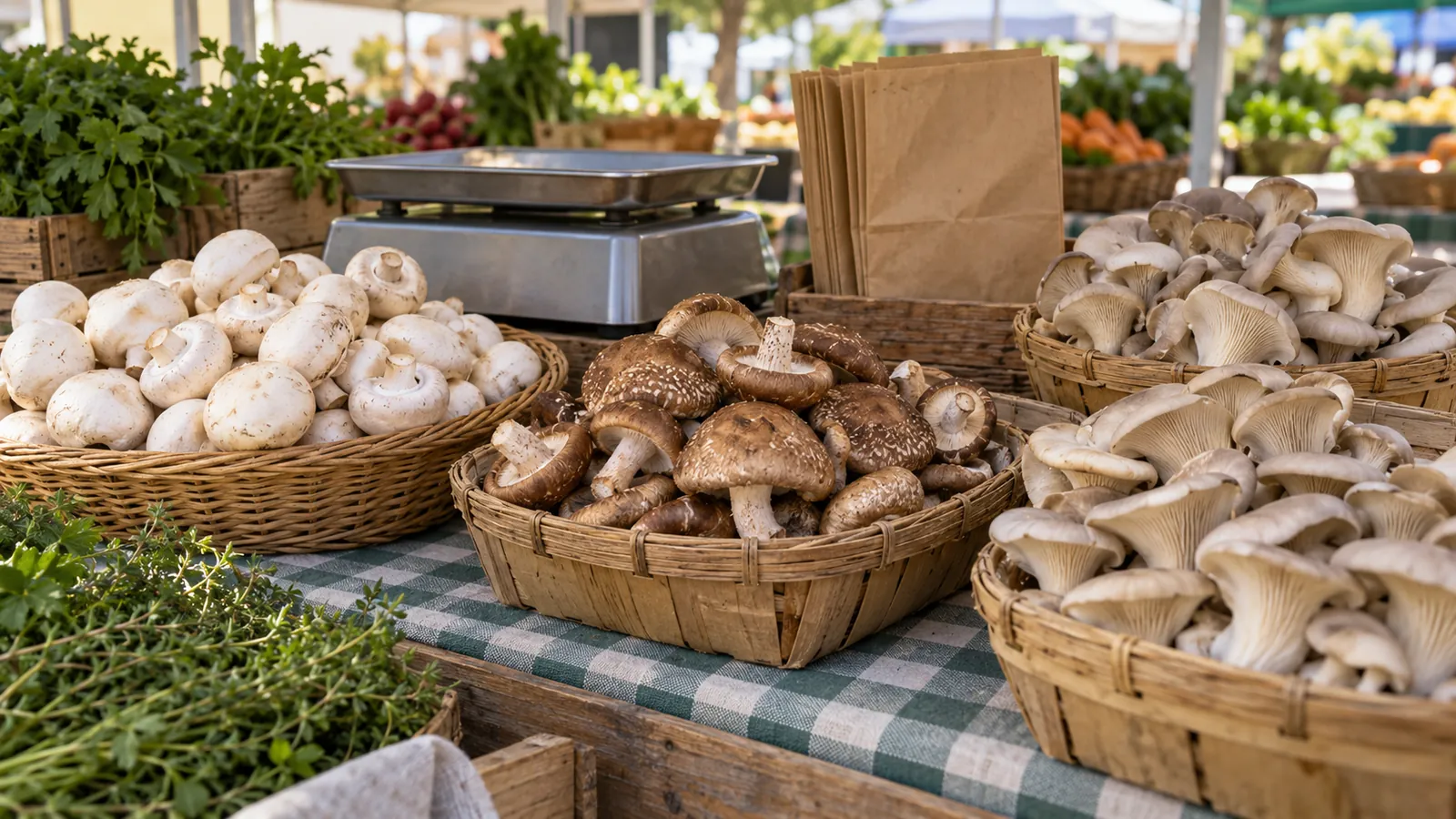 Cultivated mushrooms on an anonymous farmers market stall