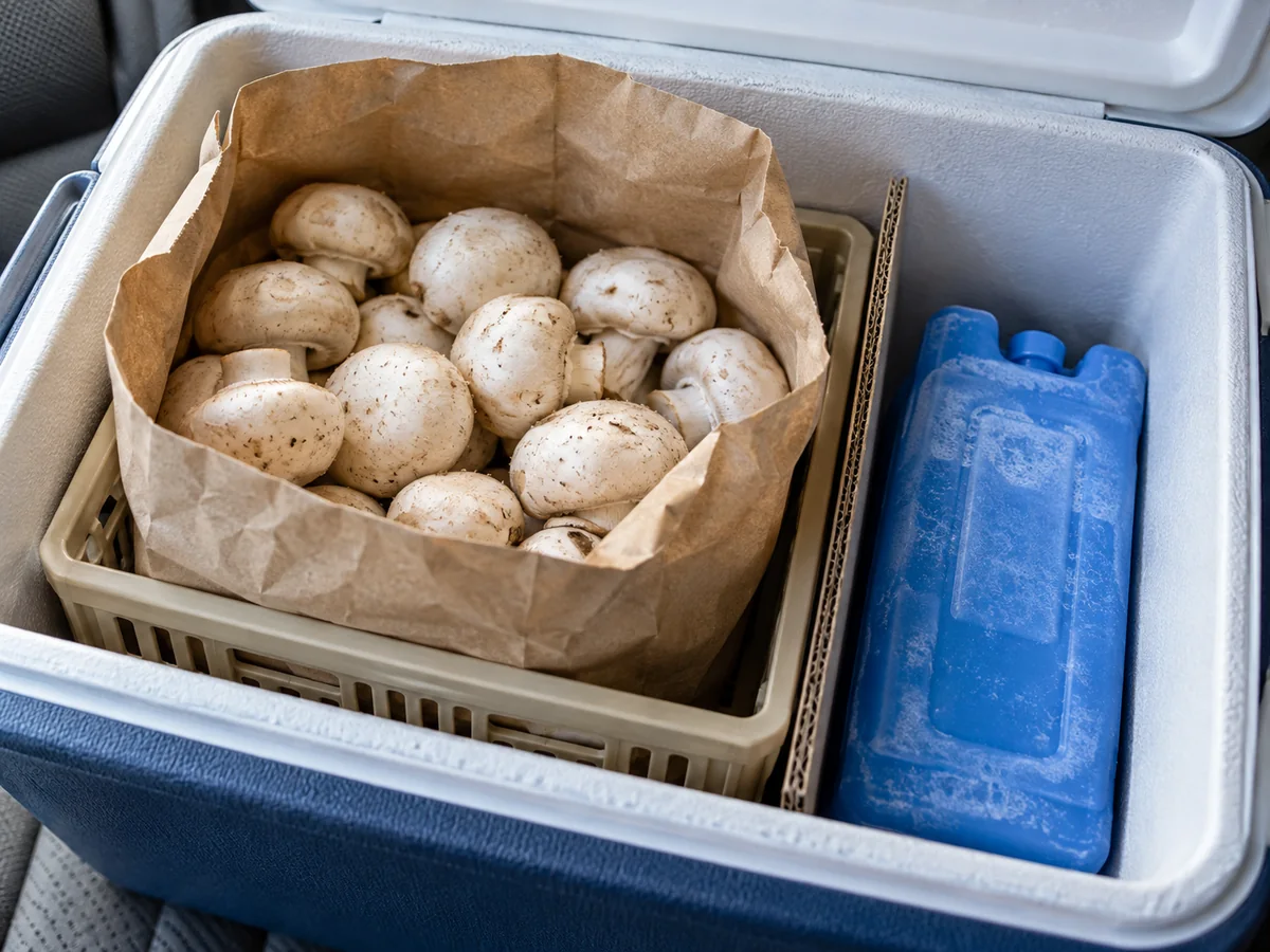 Paper bag of button mushrooms supported inside a cooler beside a separated cold pack
