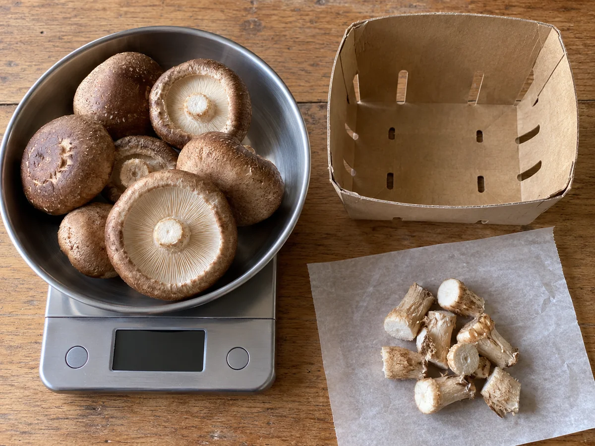 Shiitake caps on a scale beside an empty basket and trimmed stem ends