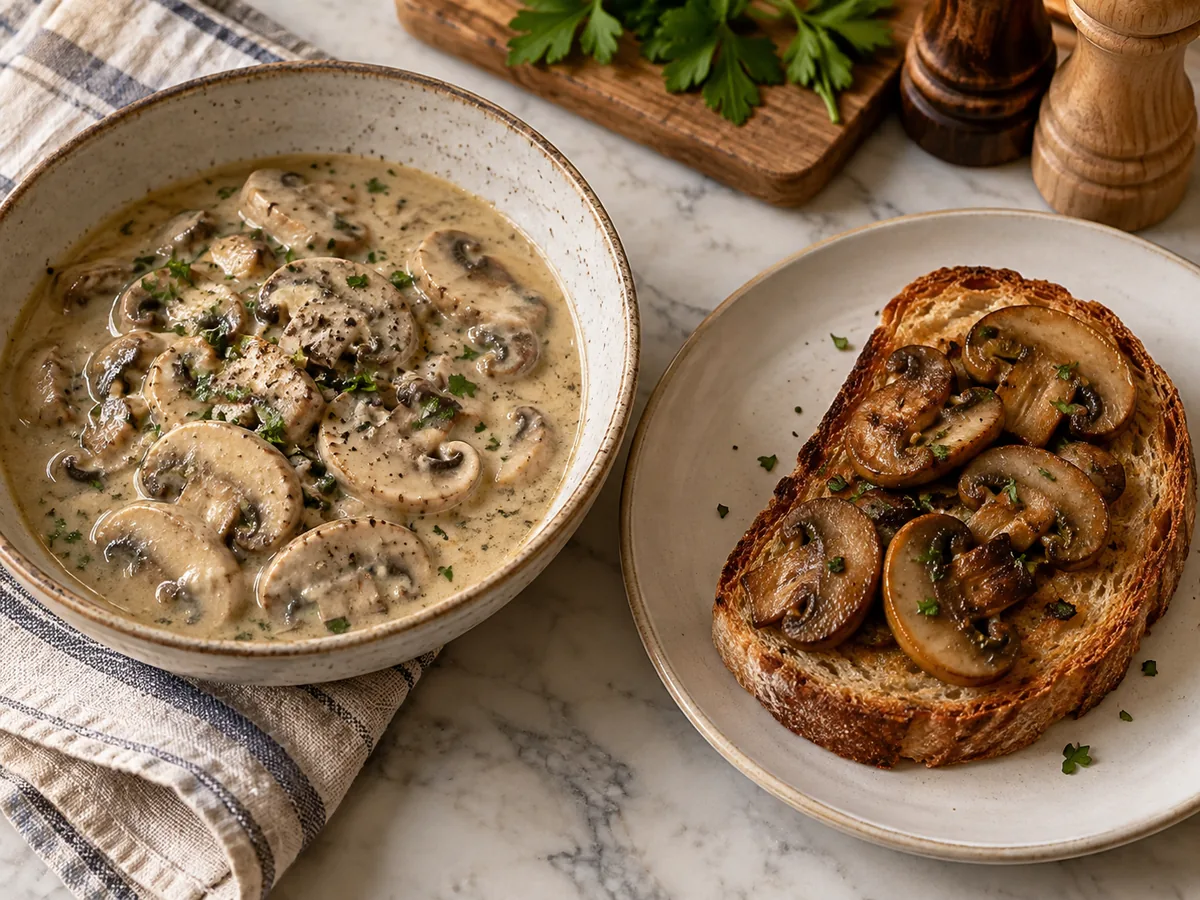 Mushroom sauce beside toast topped with separate browned mushroom slices