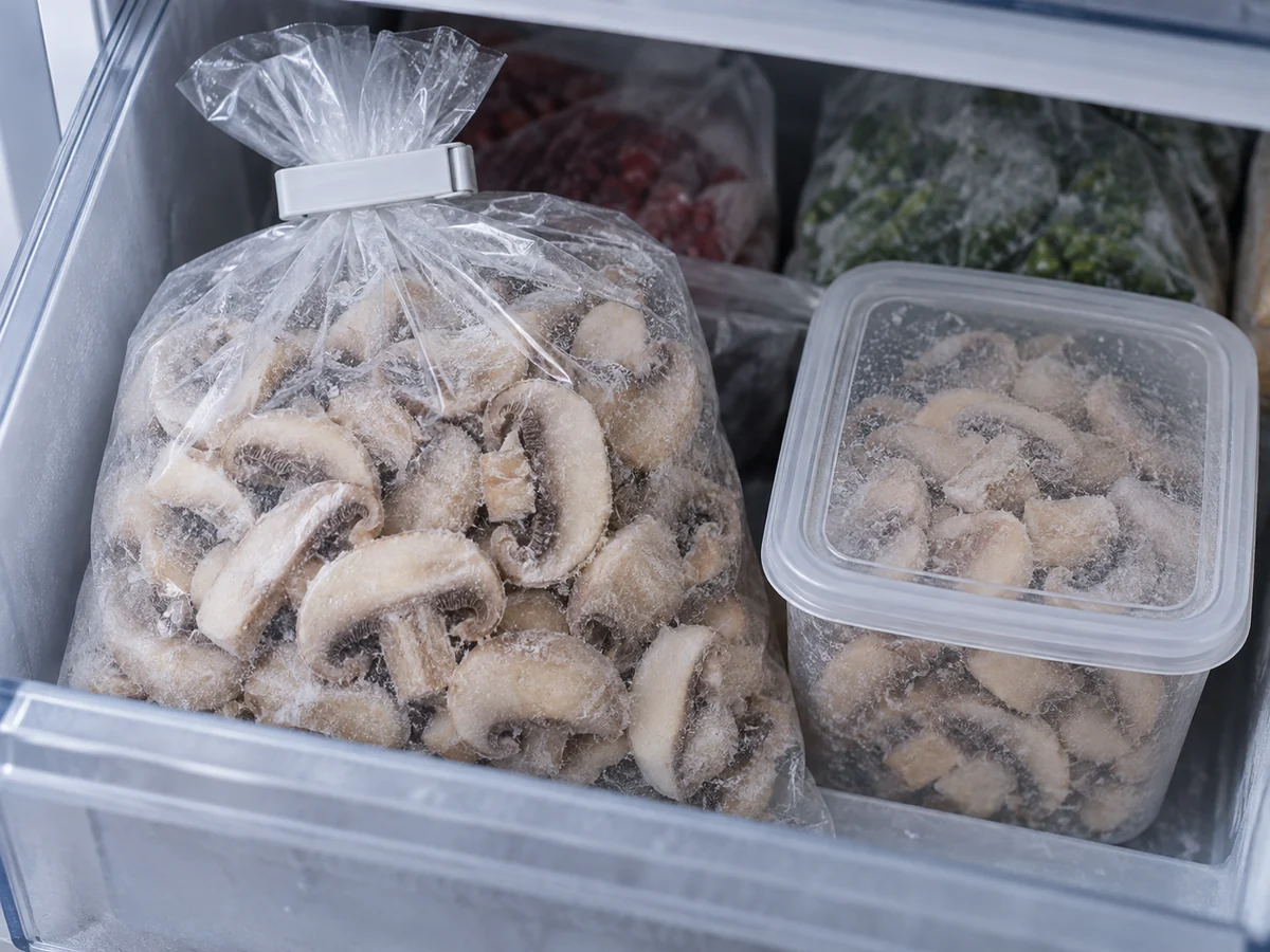 A closed bag of frozen mushroom slices and a small portion in a freezer drawer