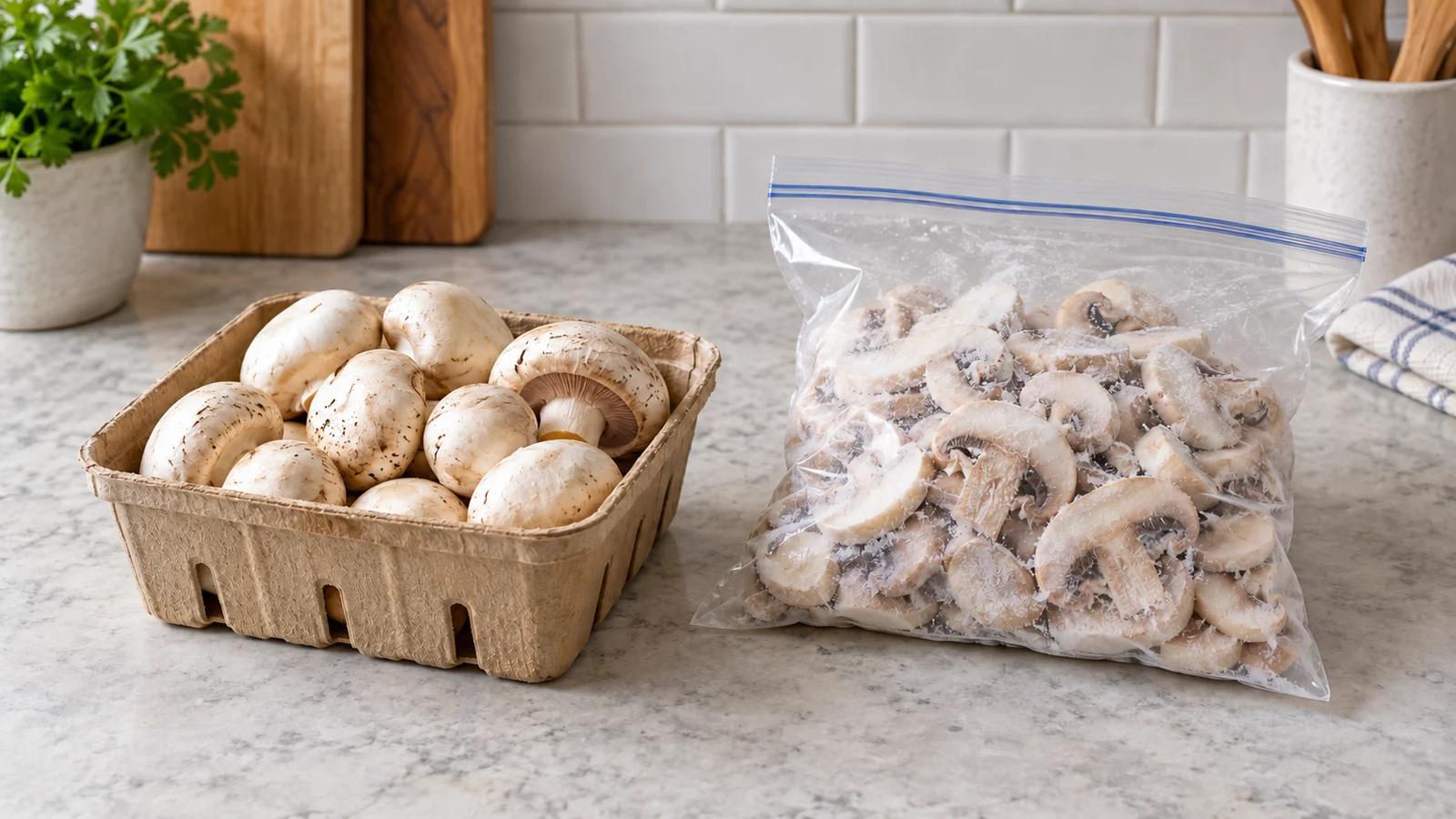 Fresh button mushrooms in a breathable punnet and lightly frosted individually frozen mushroom slices in a plain freezer bag.