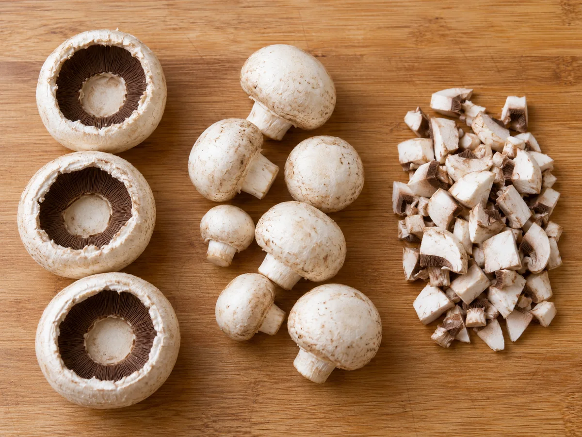 Whole stuffing caps, uneven whole buttons and chopped mushroom flesh