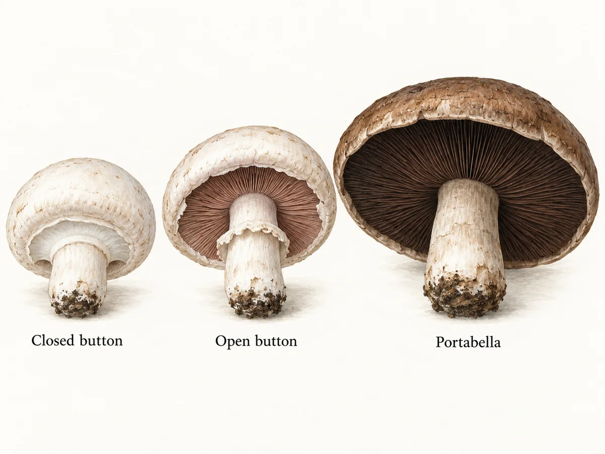 Closed button veil, broken button veil and exposed Portabella gills