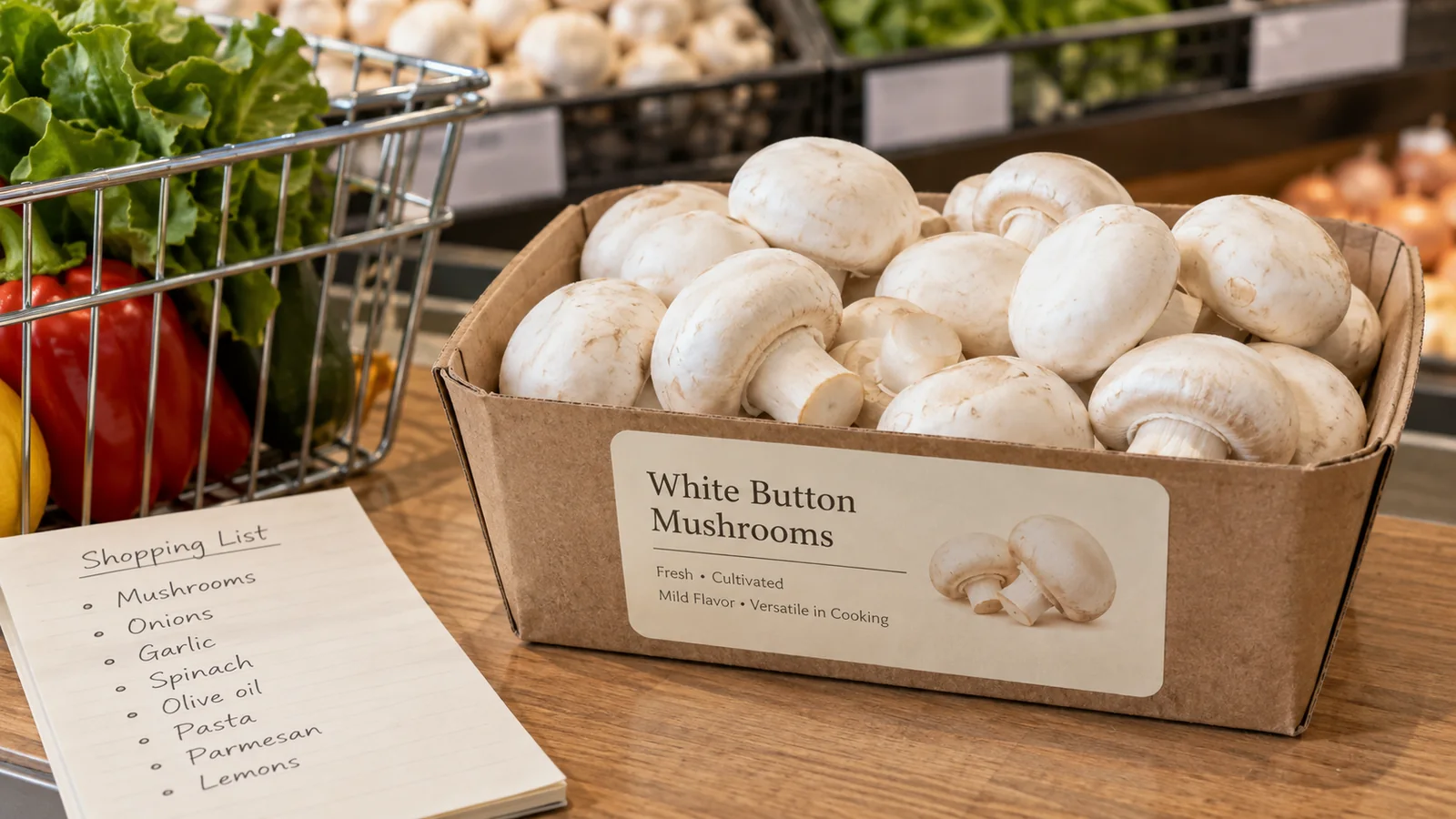 Unbranded cultivated mushroom package beside a paper label