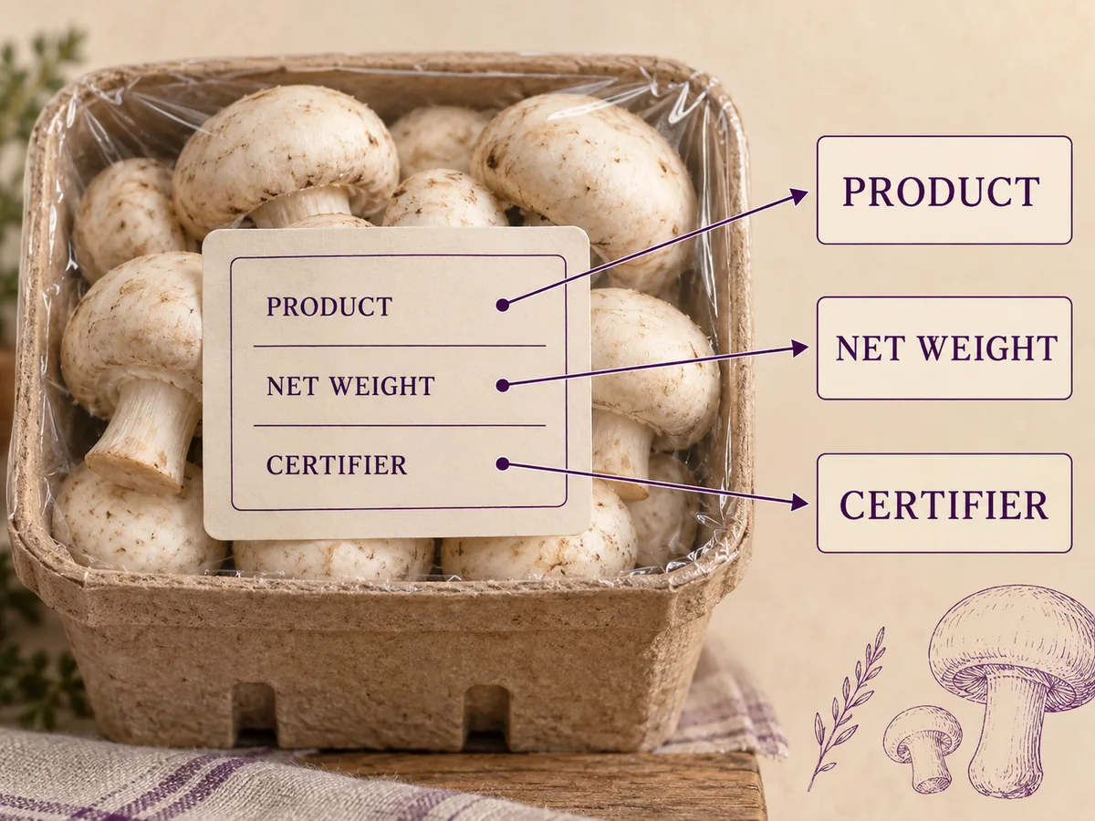 Three generic fields on an illustrative mushroom package identify product, net weight and certifier