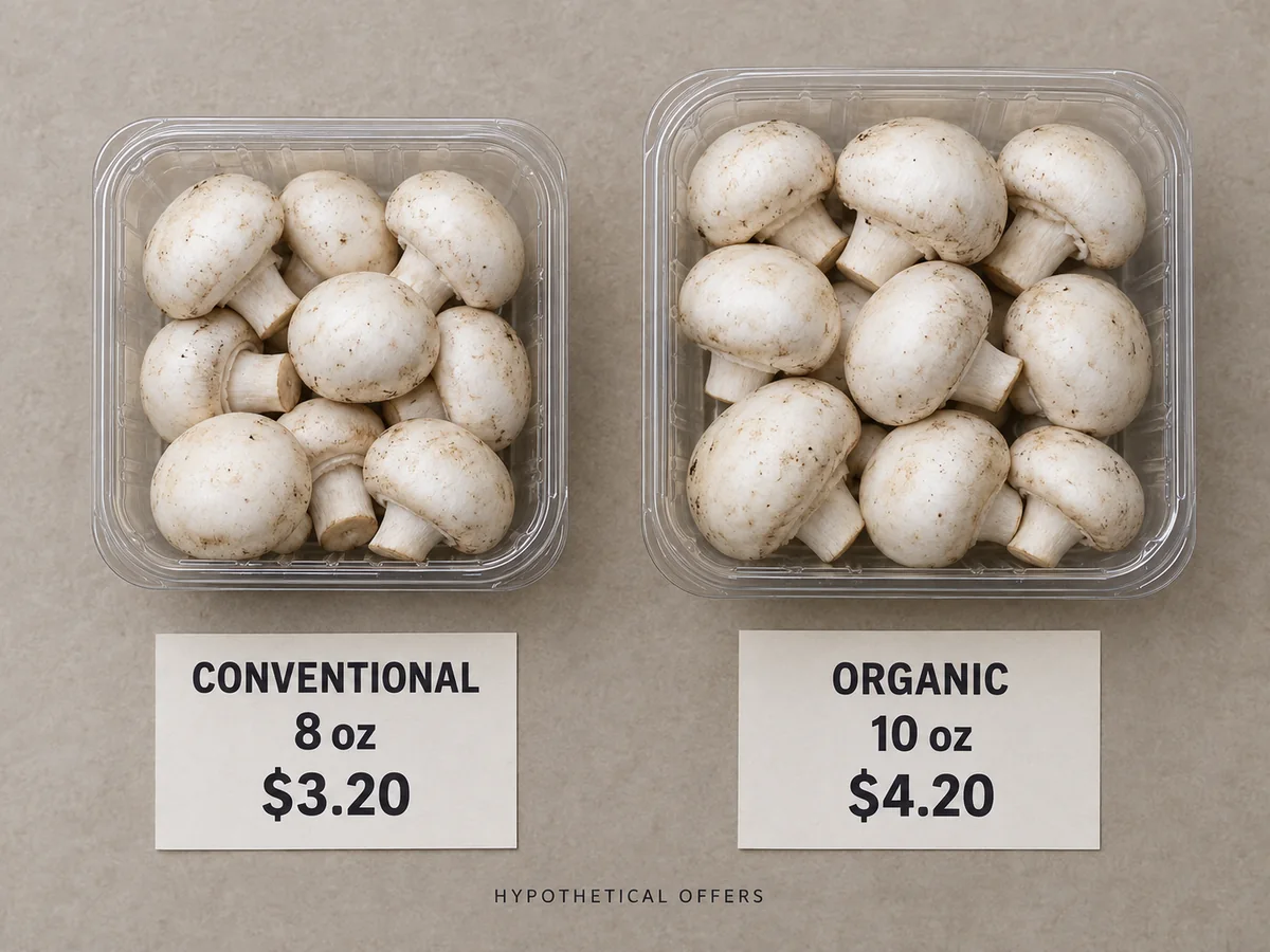 Hypothetical 8-ounce conventional and 10-ounce organic button-mushroom packs shown side by side