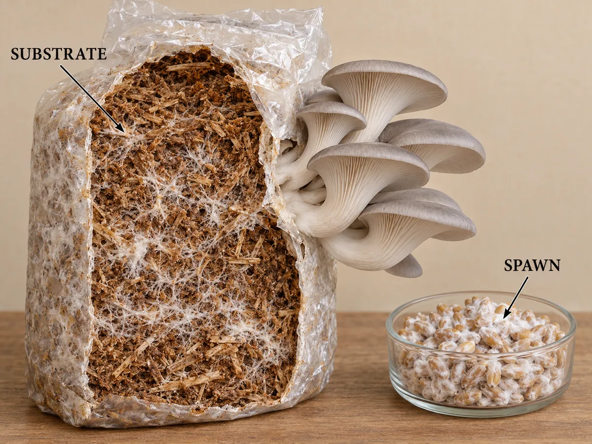 Oyster mushrooms fruiting from a cutaway wood-based block with colonized grain shown separately