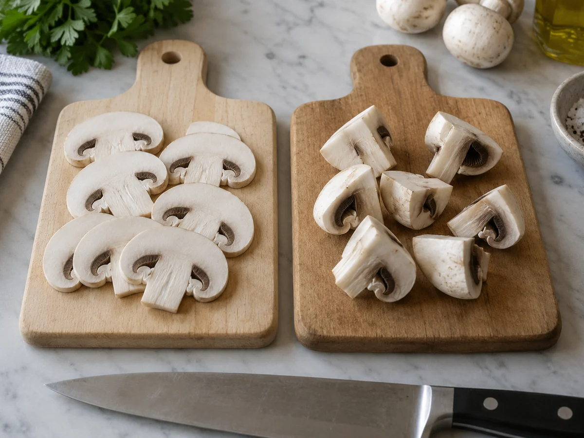Thin button mushroom slices next to thicker quartered mushrooms on preparation boards