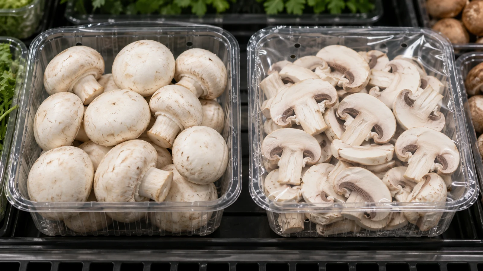 Whole cultivated white button mushrooms in one plain punnet and even fresh slices in another sealed breathable pack.