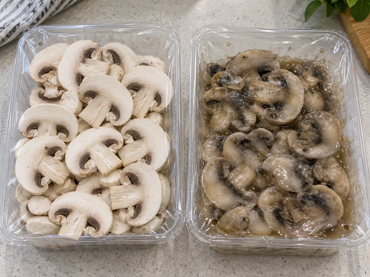 Plain mushroom packs showing plump dry slices and collapsed wet pieces