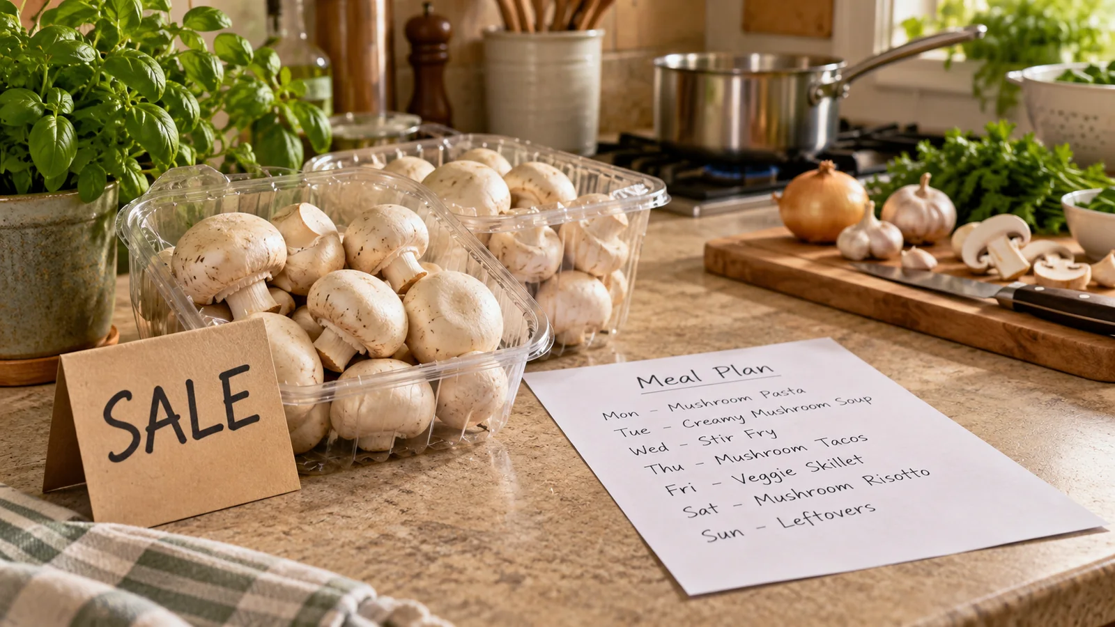 Cultivated mushroom packs beside a hypothetical sale card and a meal plan