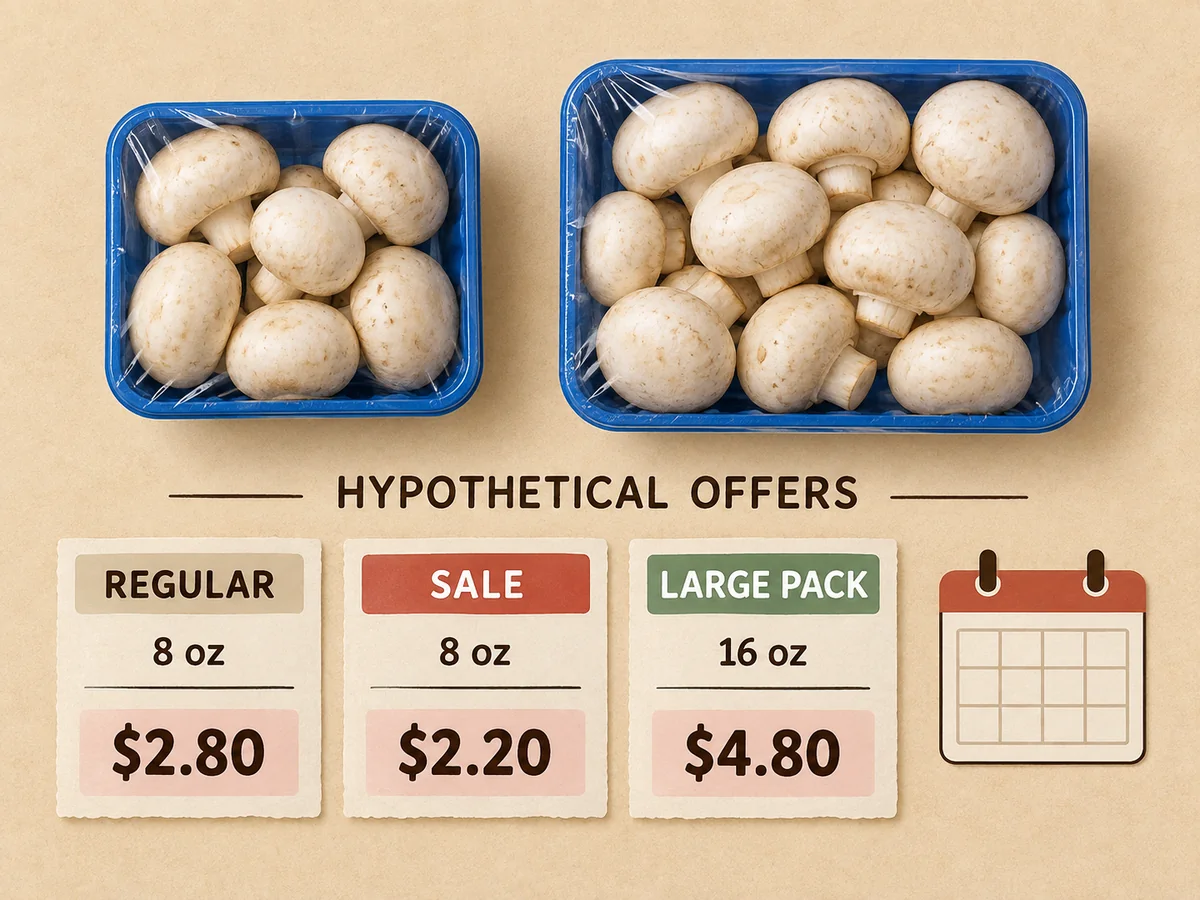Hypothetical regular and sale records beside 8-ounce and 16-ounce mushroom packs