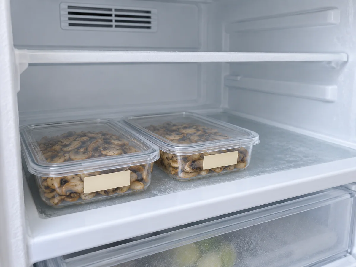 Prepared button mushroom slices in flat sealed containers with available freezer shelf space