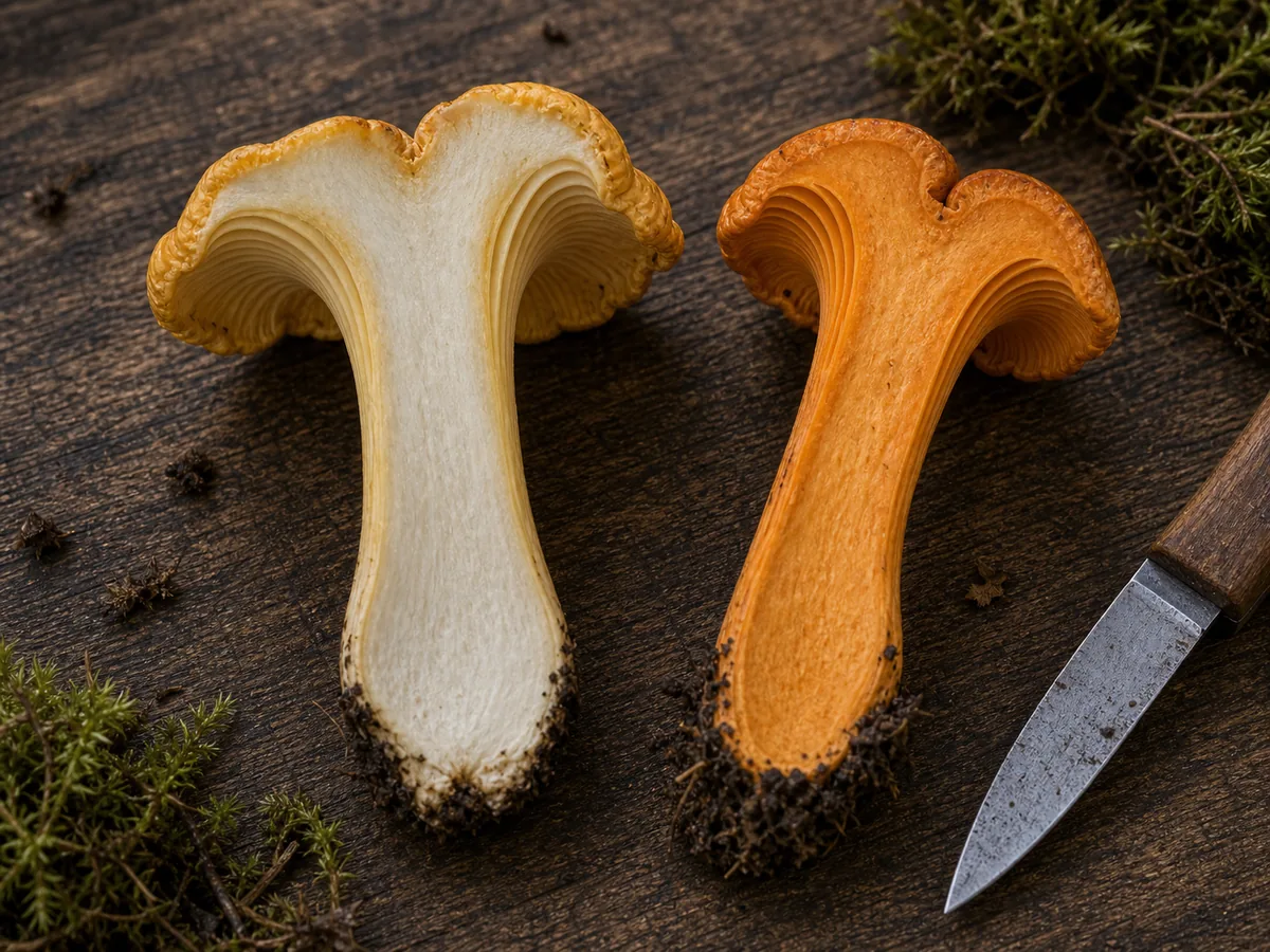 Cut orange Jack O'Lantern flesh beside paler chanterelle flesh