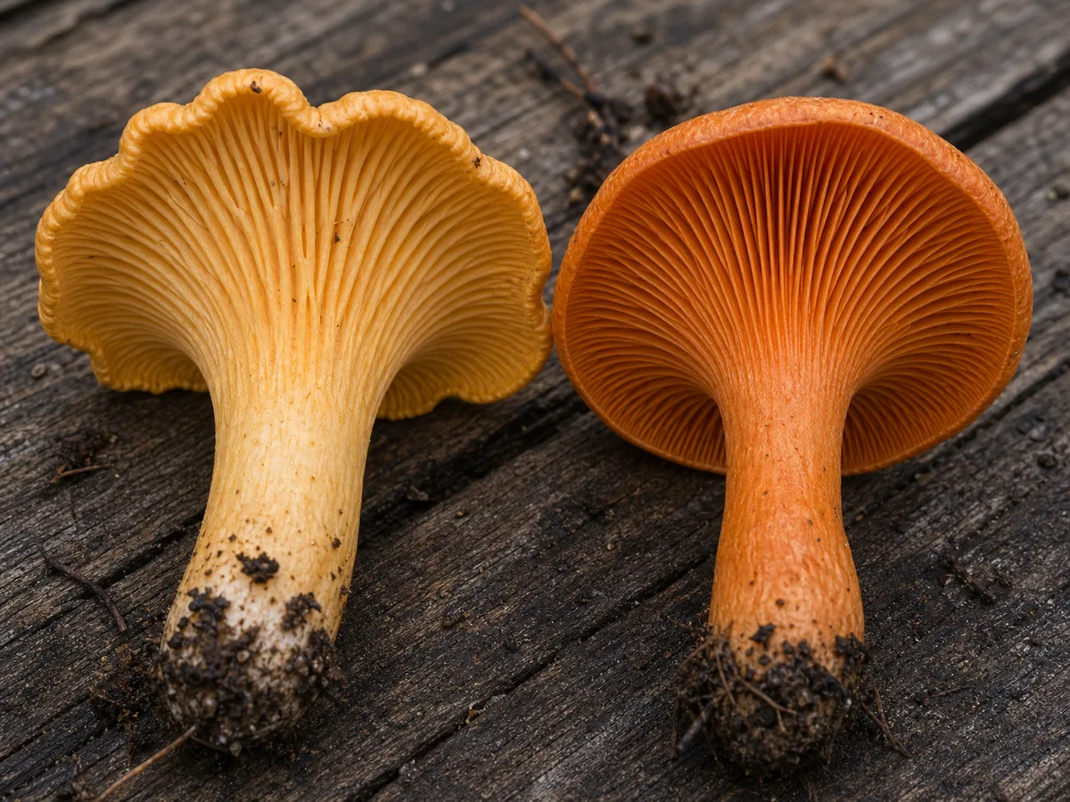 Chanterelle false gills beside Jack O'Lantern true gills