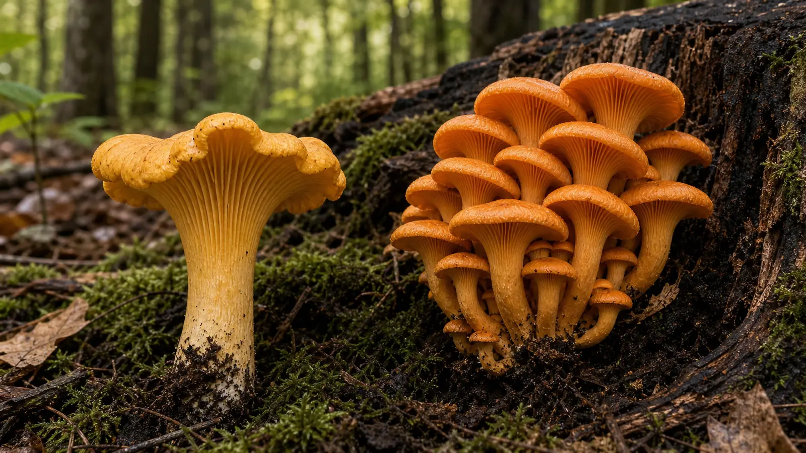 Chanterelle and Jack O'Lantern mushrooms side by side for safe identification