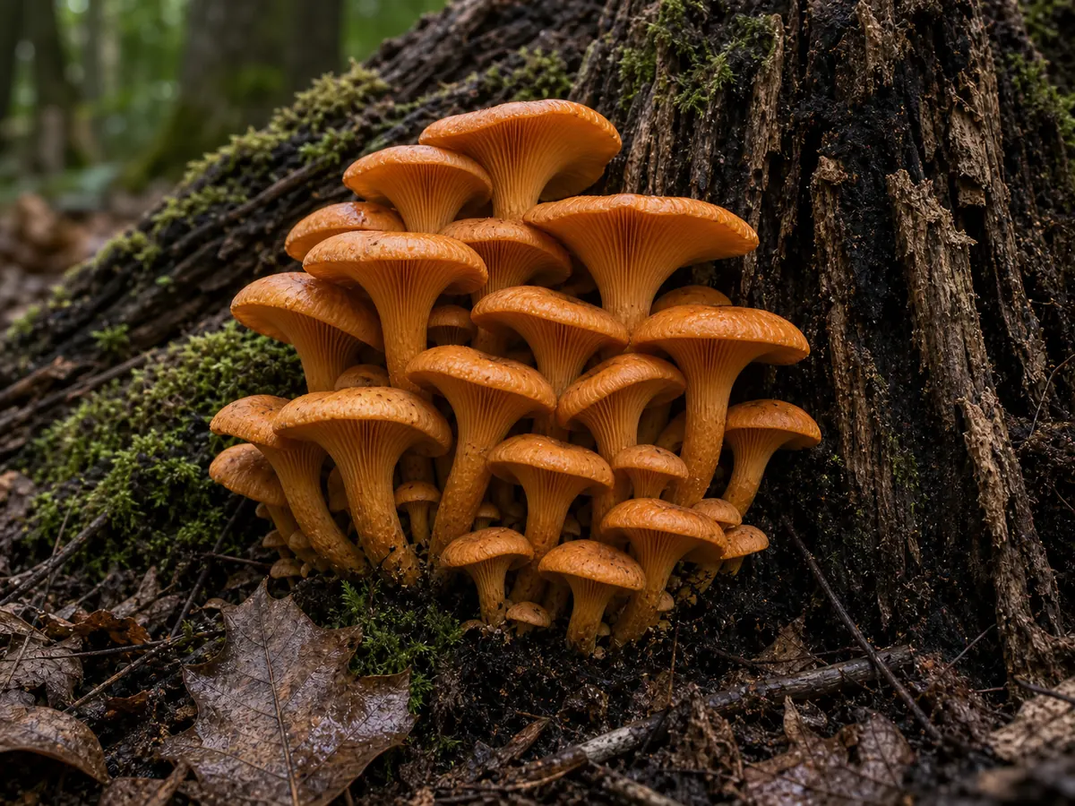 Orange Jack O'Lantern cluster growing from wood near a tree base