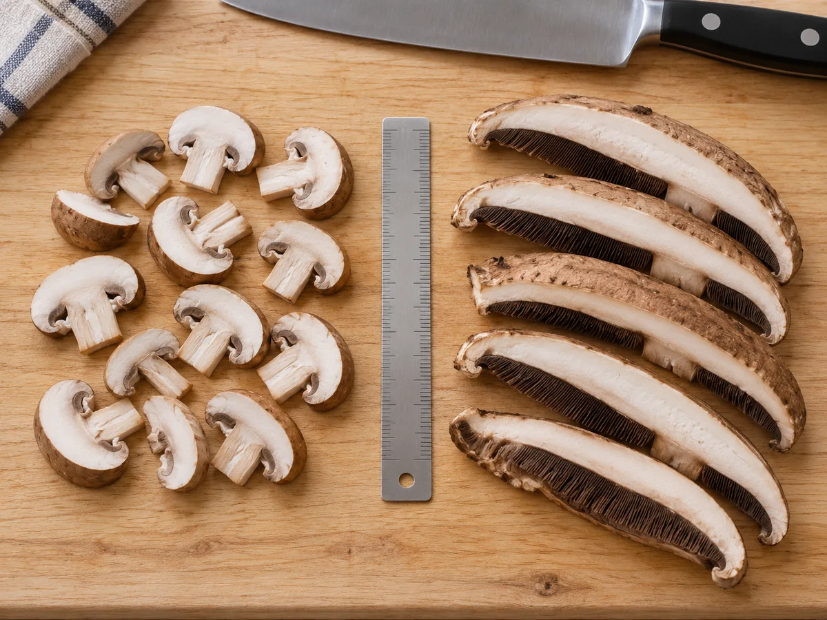Small cremini slices and wider portobello strips cut to comparable thickness beside a ruler